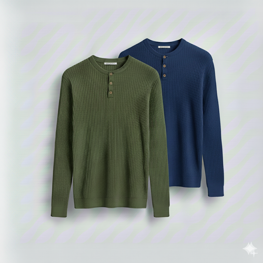 2 Pieces Waffle Knit Henley Pack ( Military Green + Royal Blue )