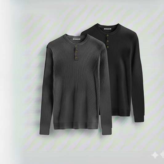 2 Pieces Waffle Knit Henley Pack ( Charcoal + Black )