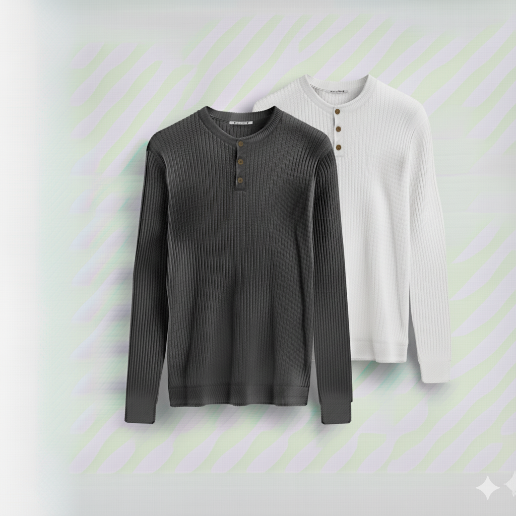 2 Pieces Waffle Knit Henley Pack ( Charcoal + White )