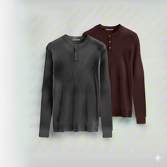 2 Pieces Waffle Knit Henley Pack ( Charcoal + Maroon )