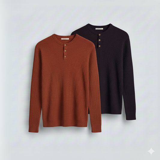 2 Pieces Waffle Knit Henley Pack ( Rust + Black )