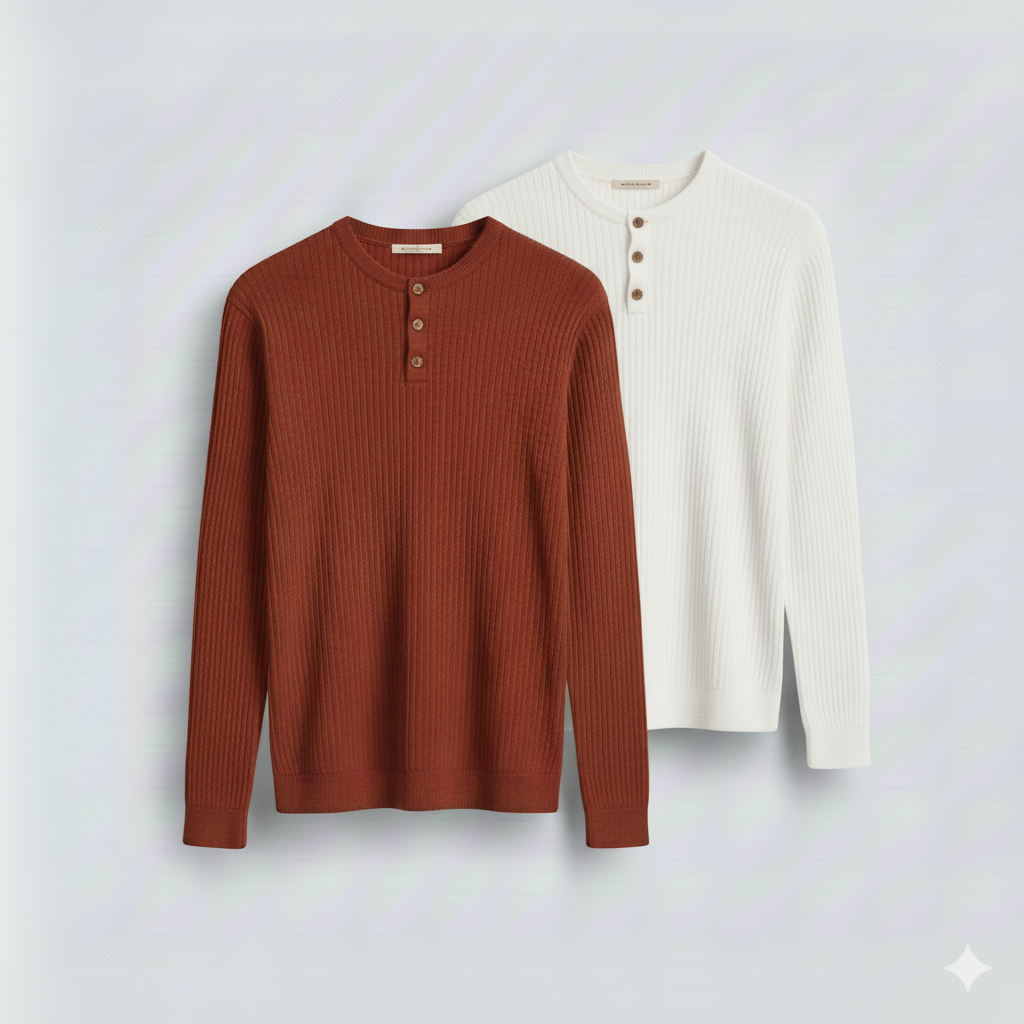 2 Pieces Waffle Knit Henley Pack ( Rust + White )