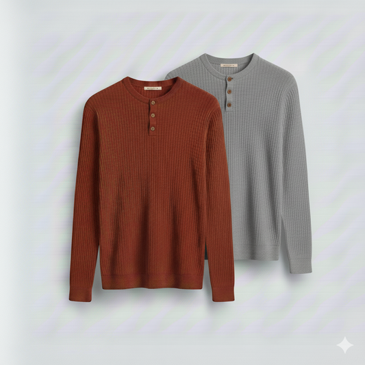 2 Pieces Waffle Knit Henley Pack (  Rust + Hader Gray )