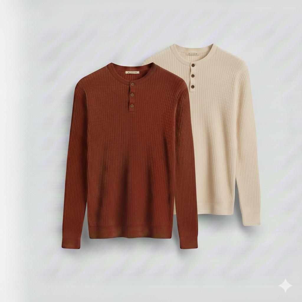 2 Pieces Waffle Knit Henley Pack ( Rust + Cream )