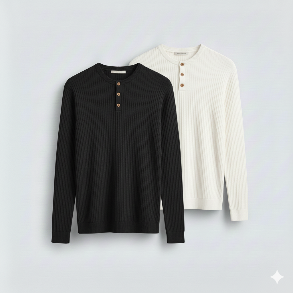 2 Pieces Waffle Knit Henley Pack (Black & white)