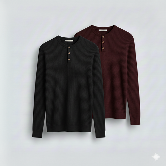 2 Pieces Waffle Knit Henley Pack (Black & Maroon)