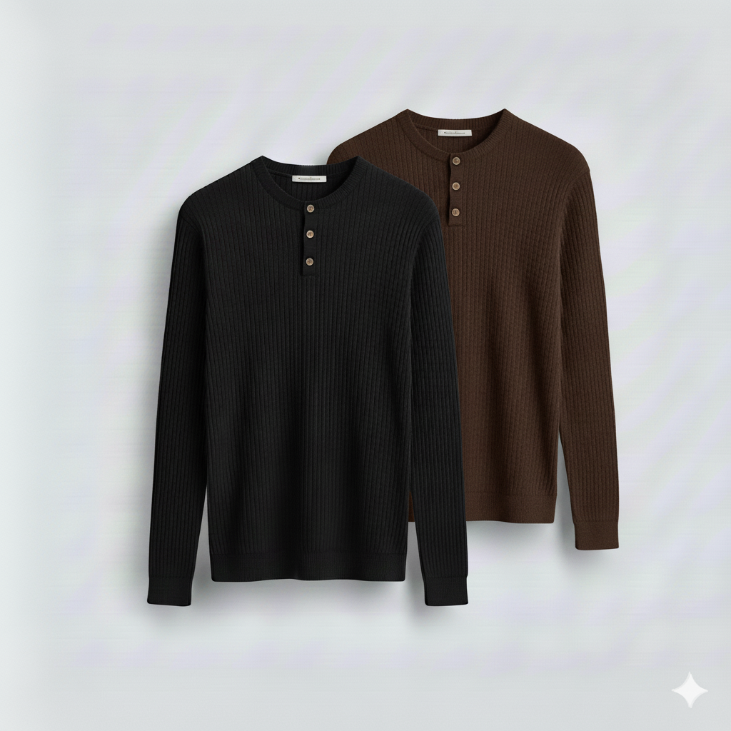 2 Pieces Waffle Knit Henley Pack (Black & Dark Brown)