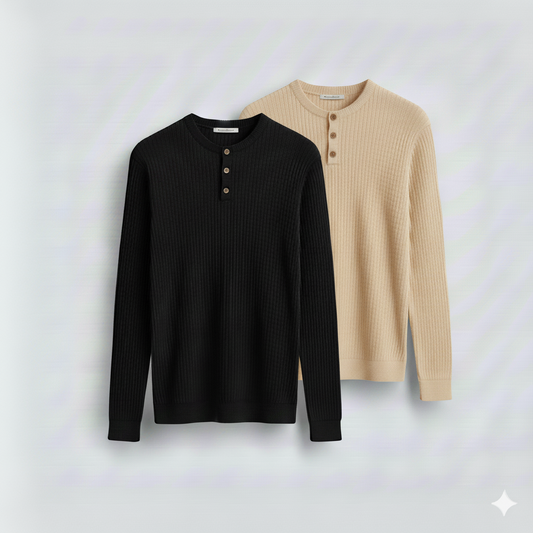 2 Pieces Waffle Knit Henley Pack (Black & Cream)