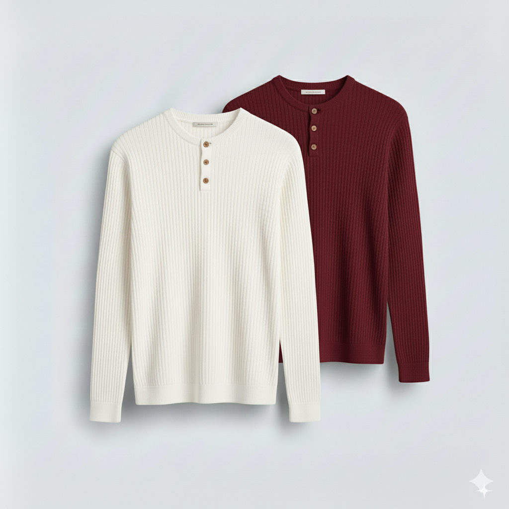 2 Pieces Waffle Knit Henley Pack (White & Maroon)