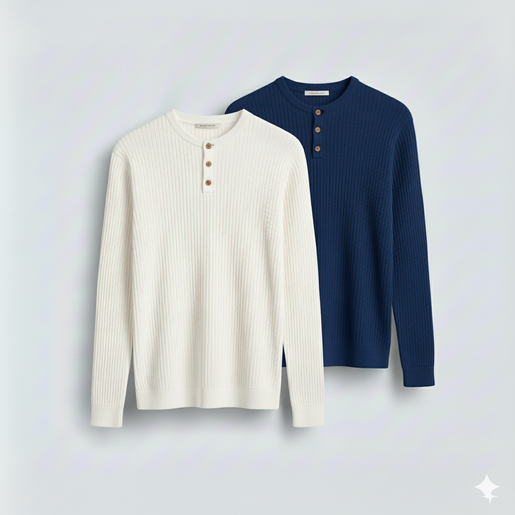 2 Pieces Waffle Knit Henley Pack (White & Royal blue)