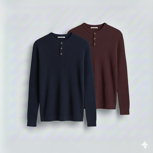 2 Pieces Waffle Knit Henley Pack (Navy & Maroon)