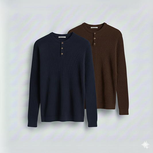 2 Pieces Waffle Knit Henley Pack (Navy & Dark Brown)
