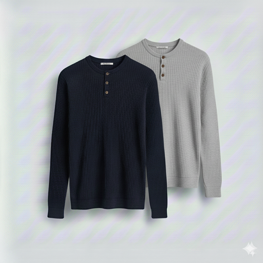 2 Pieces Waffle Knit Henley Pack (Navy & Gray)