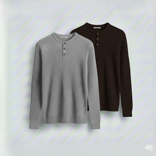 2 Pieces Waffle Knit Henley Pack (Gray & Dark Brown)