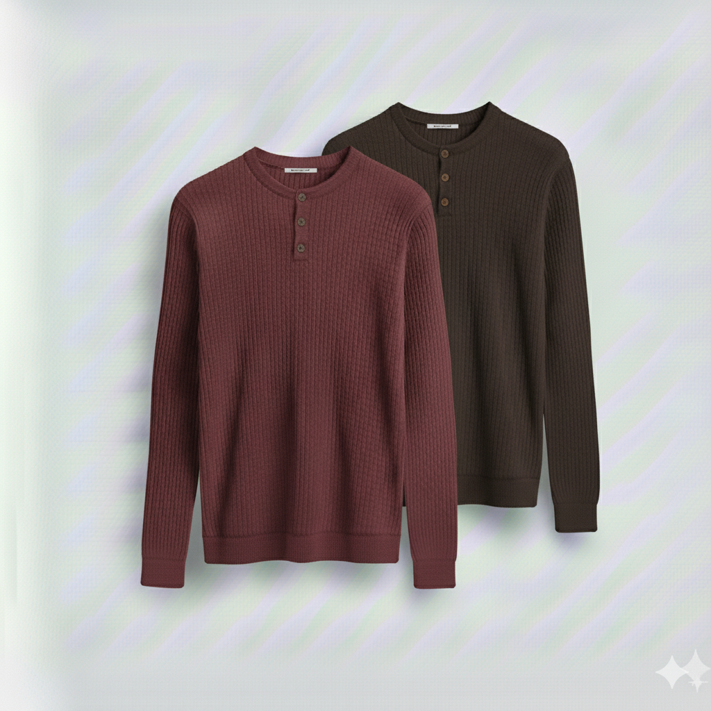 2 Pieces Waffle Knit Henley Pack (Maroon & Dark Brown)