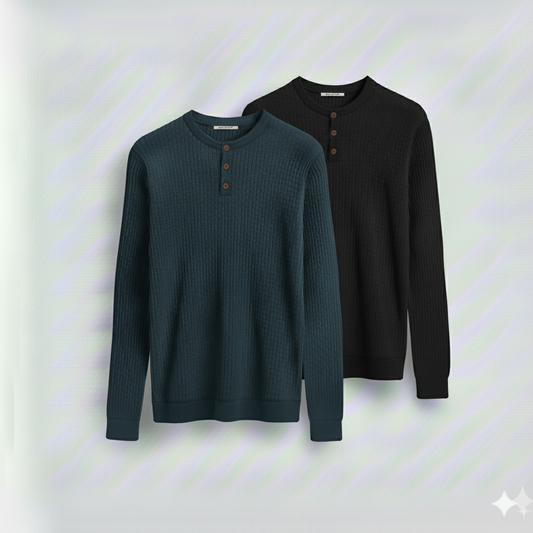 2 Pieces Waffle Knit Henley Pack (Black & Deep Teal)