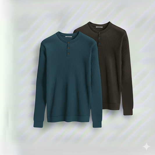 2 Pieces Waffle Knit Henley Pack (Deep Teal & Dark Brown)